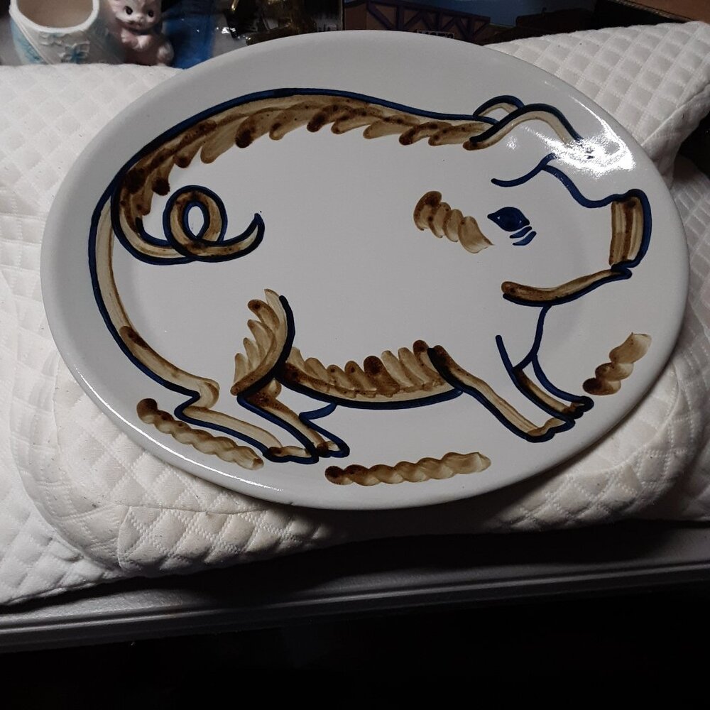 Louisville Stoneware Large 15.5" Oval Pig Serving Platter Brown Blue Art Pottery